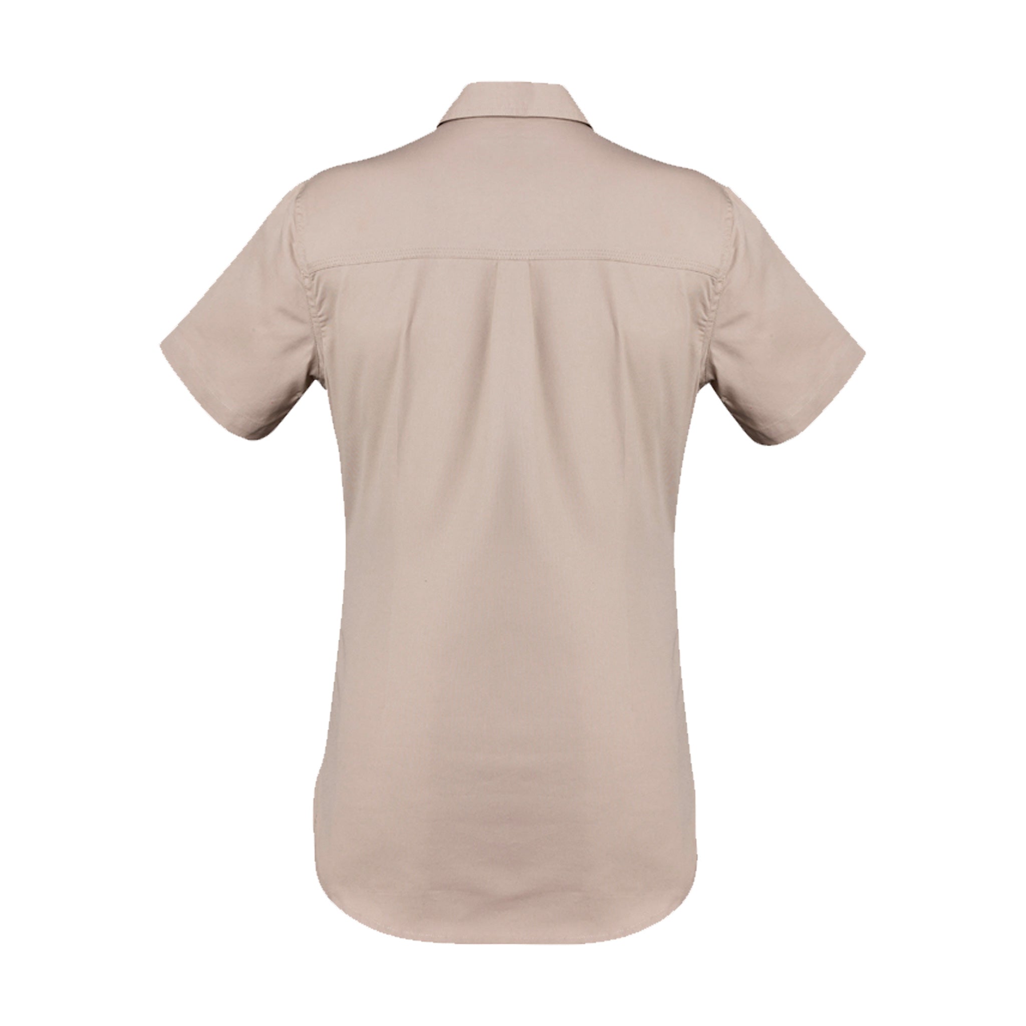 back of womens lightweight short sleeve tradie shirt in sand