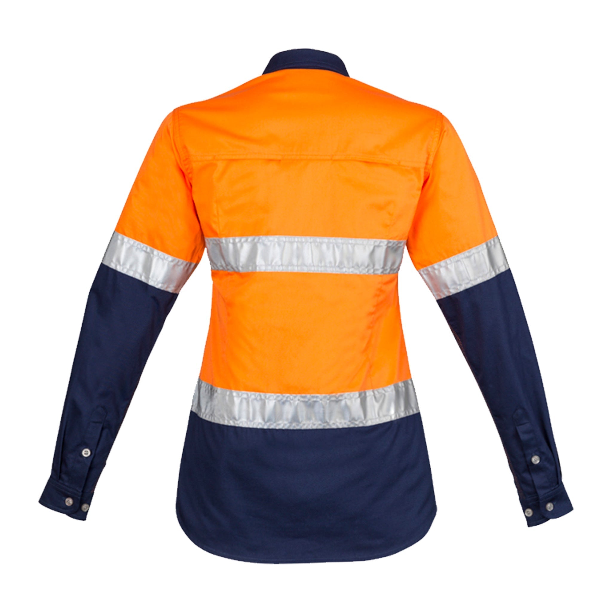 back of womens hi vis long sleeve spliced industrial shirt hoop taped in orange navy